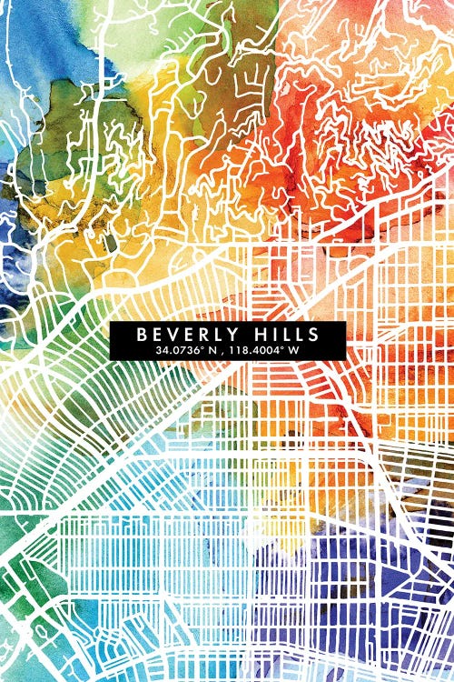 Beverly Hills City Map Colorful Watercolor Style