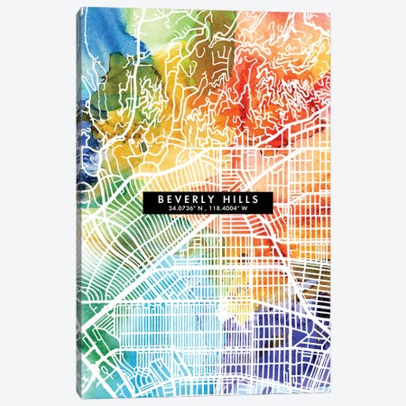 Beverly Hills City Map Colorful Watercolor Style Canvas Print #WDA1827} by WallDecorAddict Canvas Print