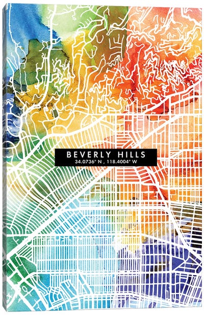 Beverly Hills City Map Colorful Watercolor Style Canvas Art Print - Beverly Hills