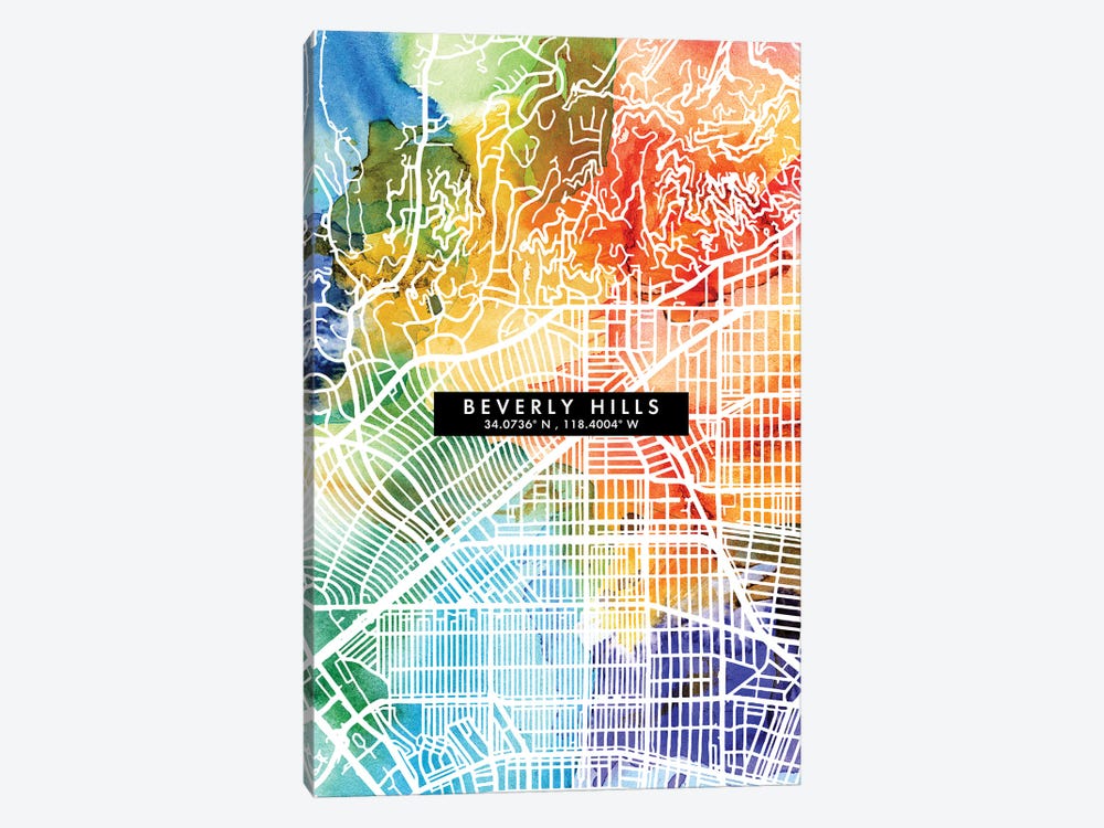 Beverly Hills City Map Colorful Watercolor Style by WallDecorAddict 1-piece Canvas Artwork