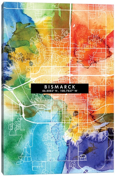 Bismarck, North Dakota City Map Colorful Watercolor Style Canvas Art Print - North Dakota