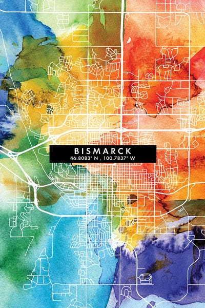 North Dakota: Bismarck, North Dakota City Map Colorful Watercolor Style by WallDecorAddict