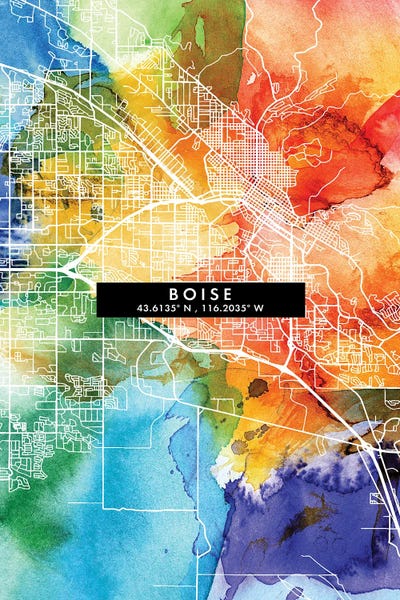 Boise City Map Colorful Watercolor Style by WallDecorAddict framed wall art