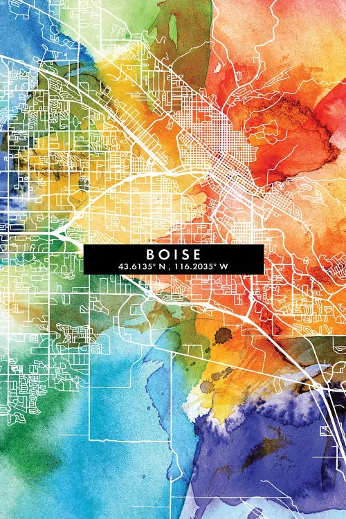 Boise City Map Colorful Watercolor Style