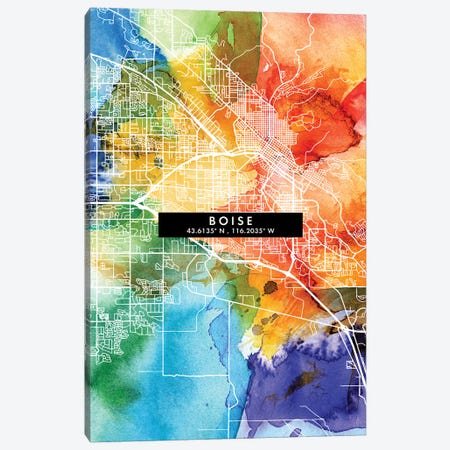 Boise City Map Colorful Watercolor Style Canvas Print #WDA1829} by WallDecorAddict Canvas Wall Art