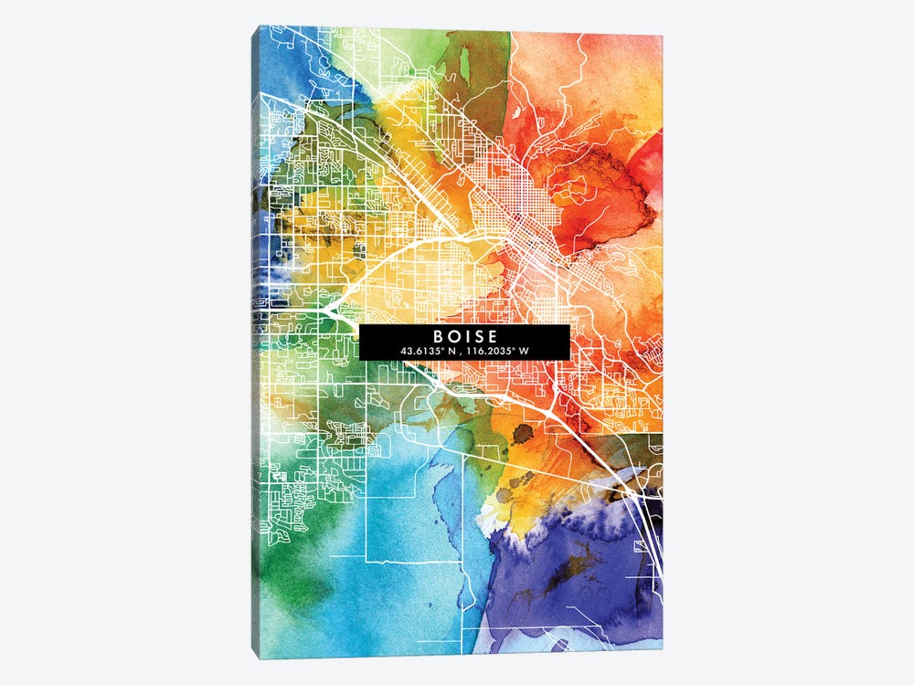 Boise City Map Colorful Watercolor Style by WallDecorAddict 1-piece Canvas Wall Art