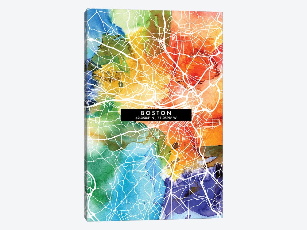 Boston City Map Colorful Watercolor Style by WallDecorAddict 1-piece Canvas Art