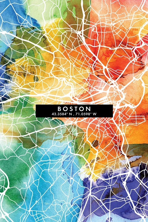 Boston City Map Colorful Watercolor Style by WallDecorAddict wall art