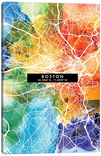 Boston City Map Colorful Watercolor Style Canvas Art Print - Boston Maps