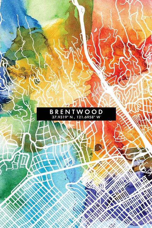 Brentwood, California City Map Colorful Watercolor Style