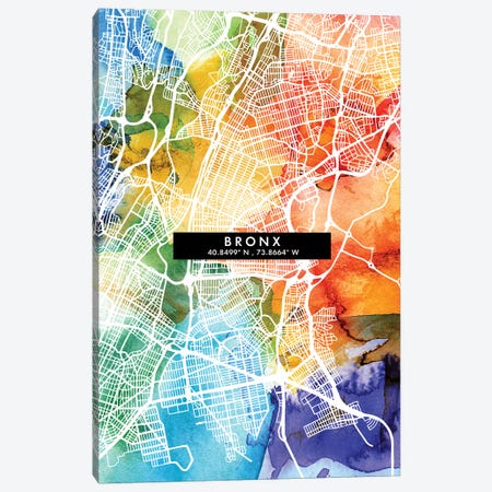 Bronx City Map Colorful Watercolor Style Canvas Print #WDA1833} by WallDecorAddict Art Print