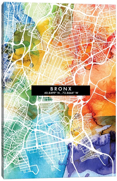Bronx City Map Colorful Watercolor Style Canvas Art Print - New York City Map
