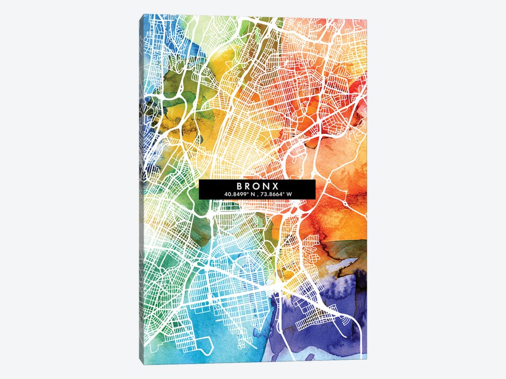 Bronx City Map Colorful Watercolor Style by WallDecorAddict 1-piece Canvas Art Print