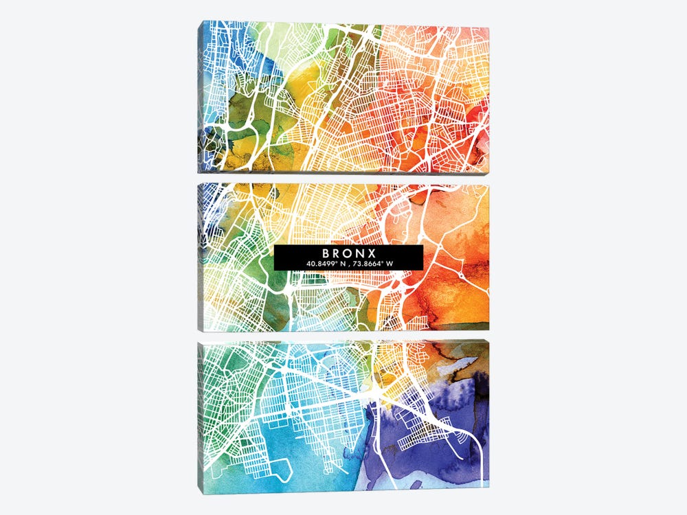 Bronx City Map Colorful Watercolor Style by WallDecorAddict 3-piece Canvas Print