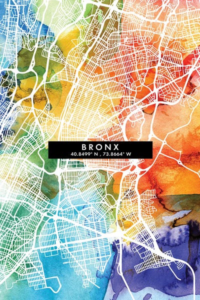 New York City Maps: Bronx City Map Colorful Watercolor Style by WallDecorAddict
