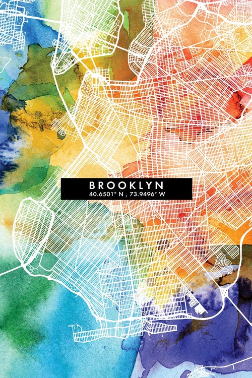 Brooklyn, New York City Map Colorful Watercolor Style by WallDecorAddict wall art
