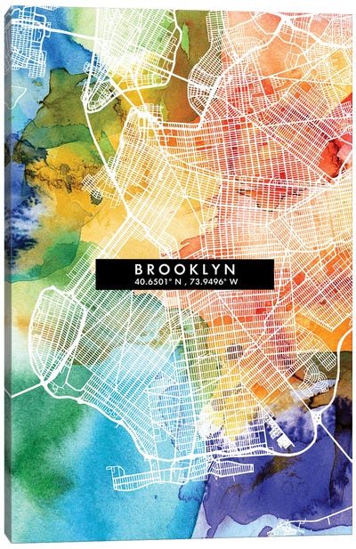 Brooklyn, New York City Map Colorful Watercolor Style Canvas Art Print - New York City Map