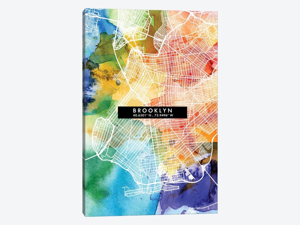 Brooklyn, New York City Map Colorful Watercolor Style by WallDecorAddict 1-piece Canvas Art