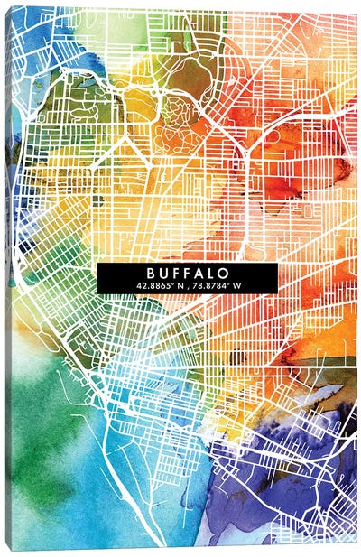 Buffalo City Map Colorful Watercolor Style Canvas Art Print - Buffalo Art