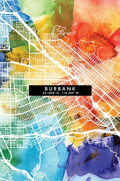 Burbank City Map Colorful Watercolor Style by WallDecorAddict canvas print