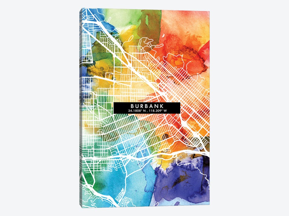 Burbank City Map Colorful Watercolor Style by WallDecorAddict 1-piece Canvas Wall Art