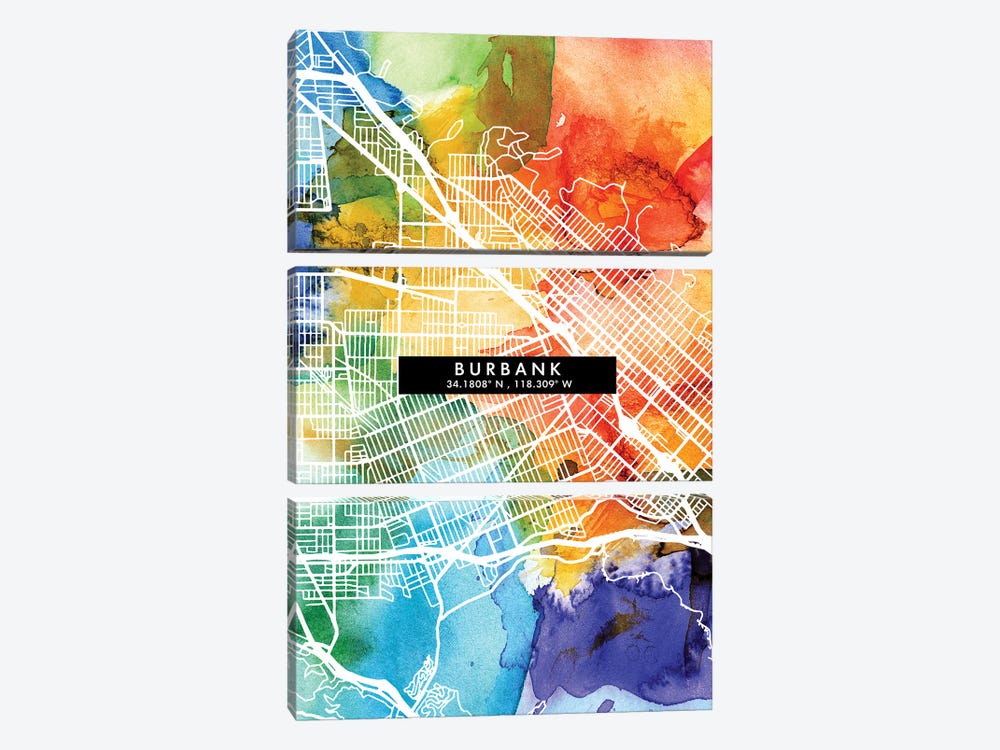 Burbank City Map Colorful Watercolor Style by WallDecorAddict 3-piece Canvas Art