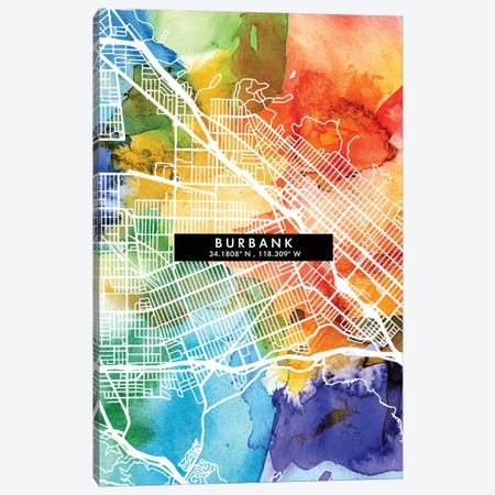 Burbank City Map Colorful Watercolor Style Canvas Print #WDA1836} by WallDecorAddict Canvas Wall Art