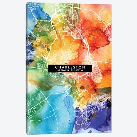 Charleston City Map Colorful Watercolor Style Canvas Print #WDA1837} by WallDecorAddict Canvas Art