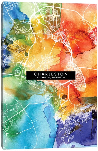 Charleston City Map Colorful Watercolor Style Canvas Art Print - South Carolina Art