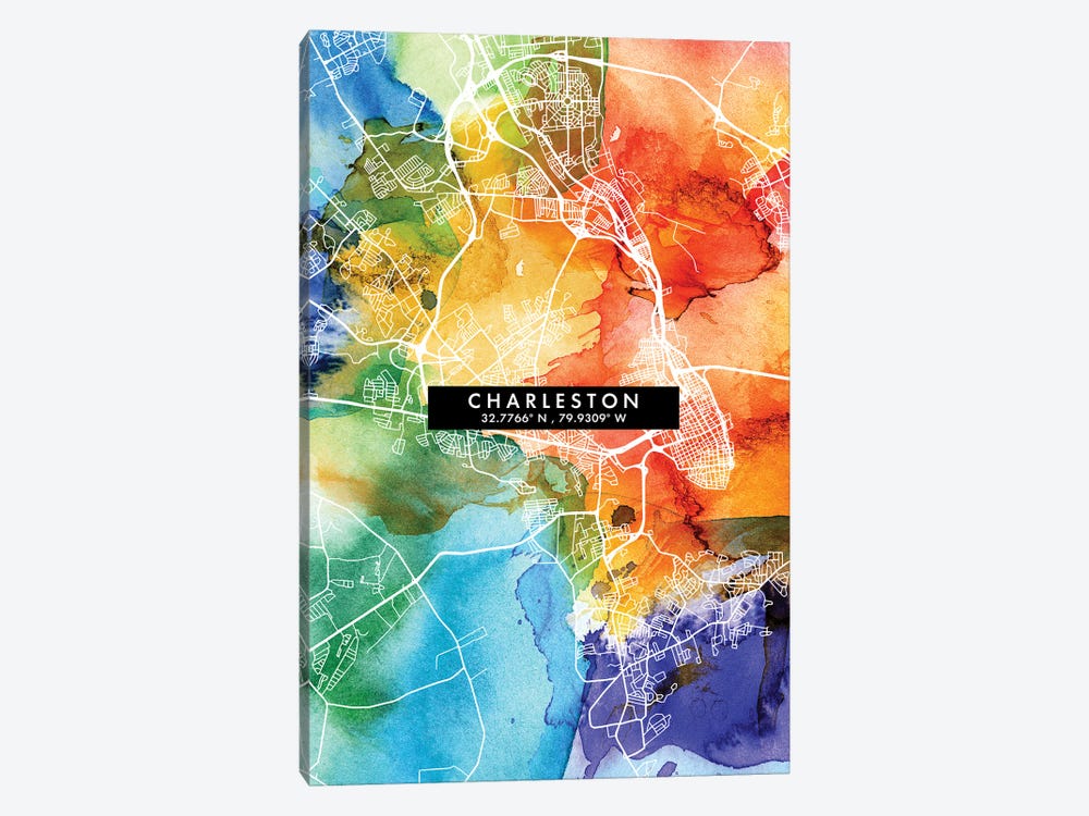 Charleston City Map Colorful Watercolor Style by WallDecorAddict 1-piece Art Print