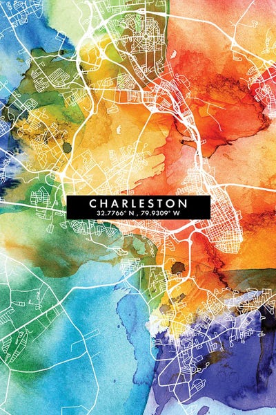 South Carolina: Charleston City Map Colorful Watercolor Style by WallDecorAddict