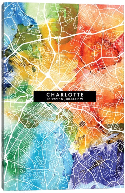 Charlotte City Map Colorful Watercolor Style Canvas Art Print - Charlotte Art