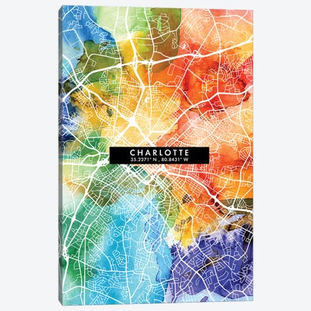 Charlotte City Map Colorful Watercolor Style Canvas Print #WDA1838} by WallDecorAddict Canvas Print