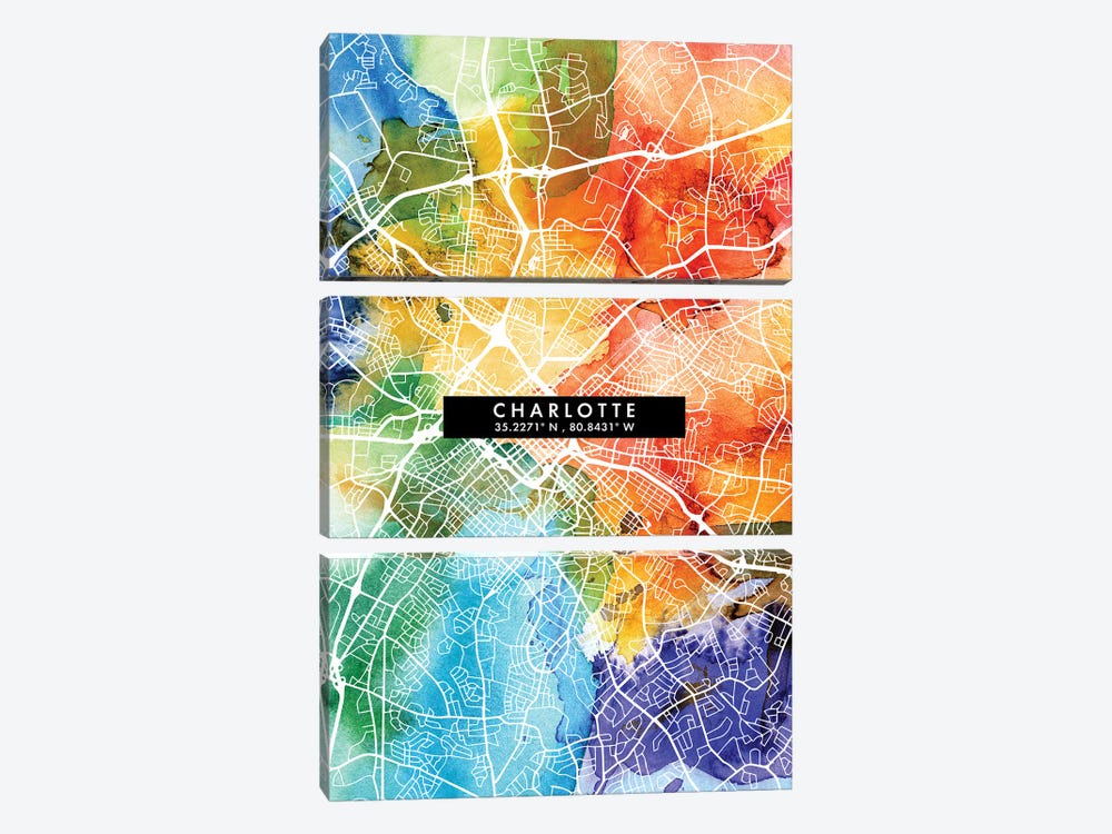 Charlotte City Map Colorful Watercolor Style by WallDecorAddict 3-piece Canvas Wall Art