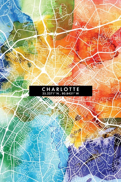 WallDecorAddict: Charlotte City Map Colorful Watercolor Style by WallDecorAddict