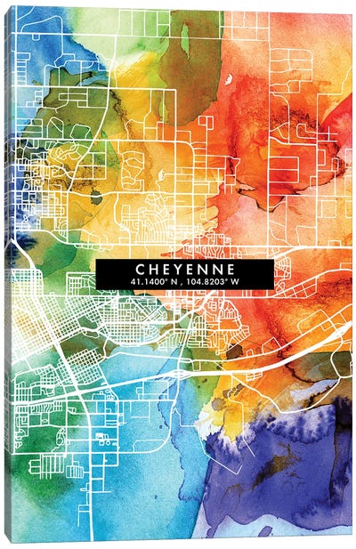 Cheyenne City Map Colorful Watercolor Style Canvas Art Print - Wyoming Art