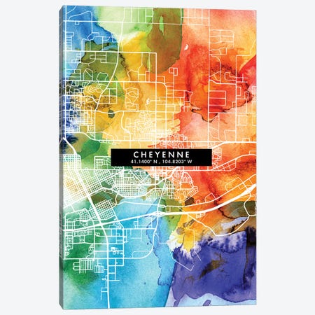 Cheyenne City Map Colorful Watercolor Style Canvas Print #WDA1839} by WallDecorAddict Canvas Art Print