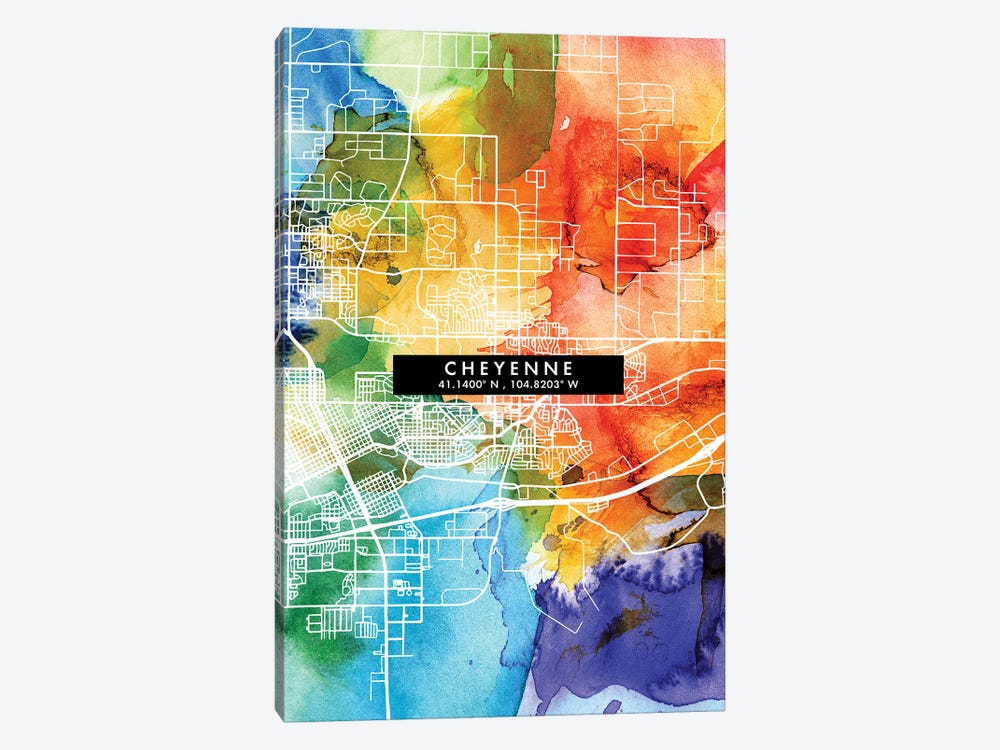 Cheyenne City Map Colorful Watercolor Style by WallDecorAddict 1-piece Art Print