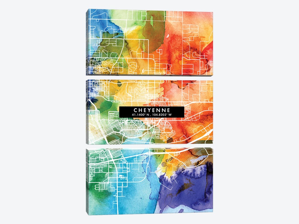 Cheyenne City Map Colorful Watercolor Style by WallDecorAddict 3-piece Canvas Print