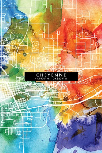 Wyoming: Cheyenne City Map Colorful Watercolor Style by WallDecorAddict