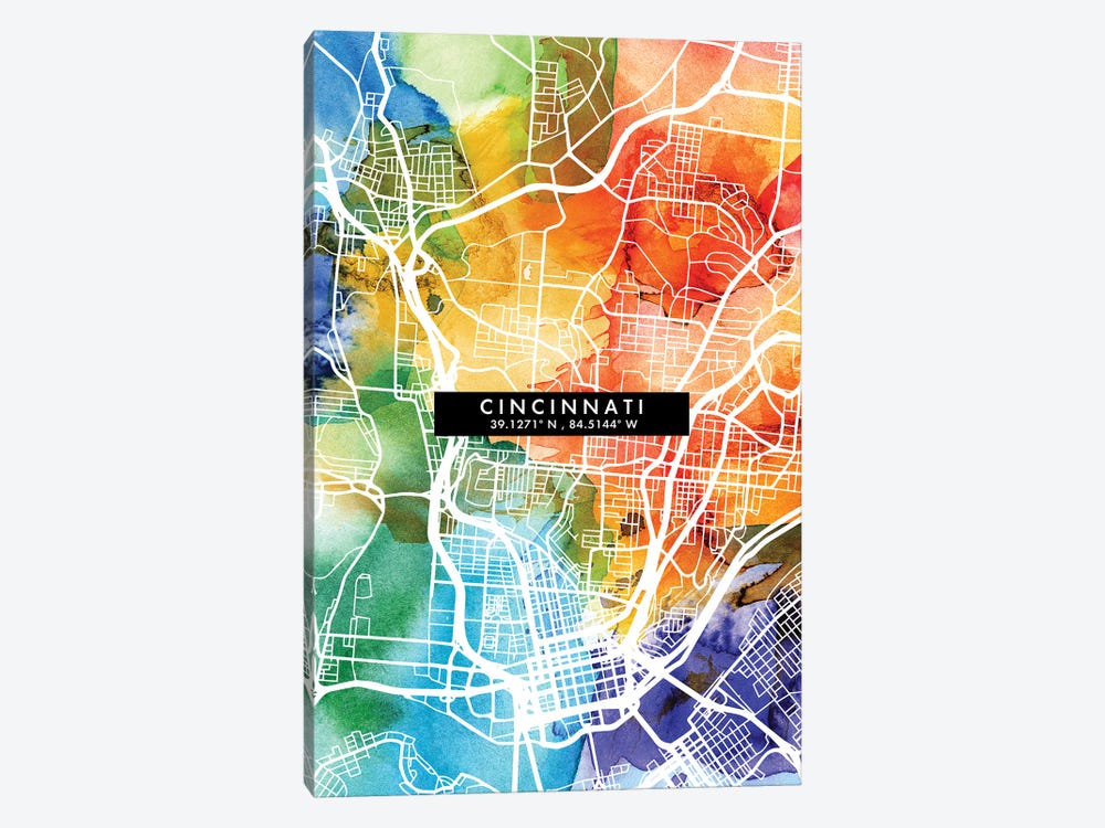 Cincinnati City Map Colorful Watercolor Style by WallDecorAddict 1-piece Art Print