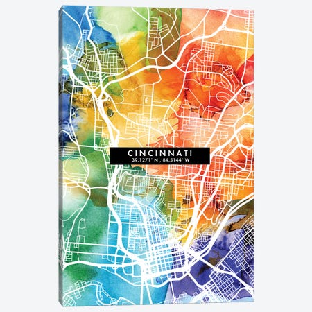 Cincinnati City Map Colorful Watercolor Style Canvas Print #WDA1840} by WallDecorAddict Canvas Wall Art