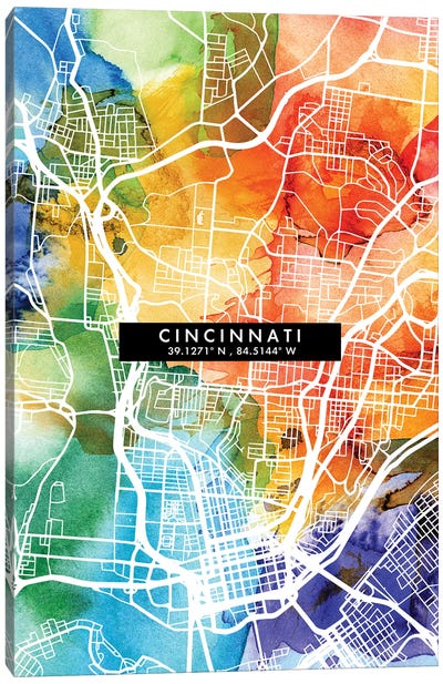Cincinnati City Map Colorful Watercolor Style Canvas Art Print - Cincinnati Art