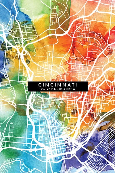 WallDecorAddict: Cincinnati City Map Colorful Watercolor Style by WallDecorAddict