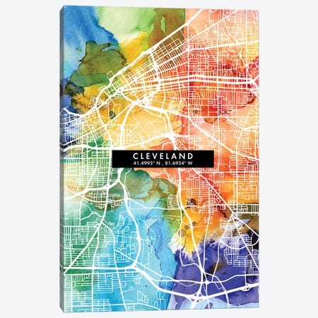 Cleveland City Map Colorful Watercolor Style Canvas Print #WDA1841} by WallDecorAddict Canvas Artwork