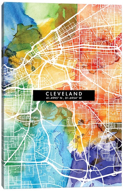 Cleveland City Map Colorful Watercolor Style Canvas Art Print - Cleveland Art