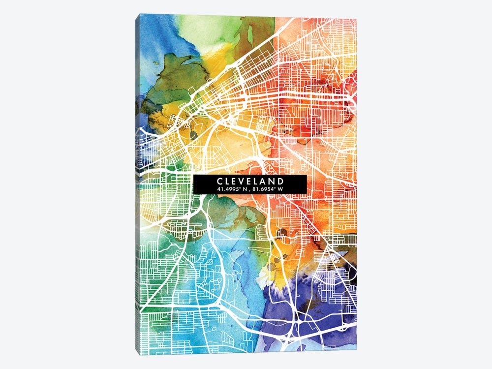 Cleveland City Map Colorful Watercolor Style by WallDecorAddict 1-piece Canvas Art