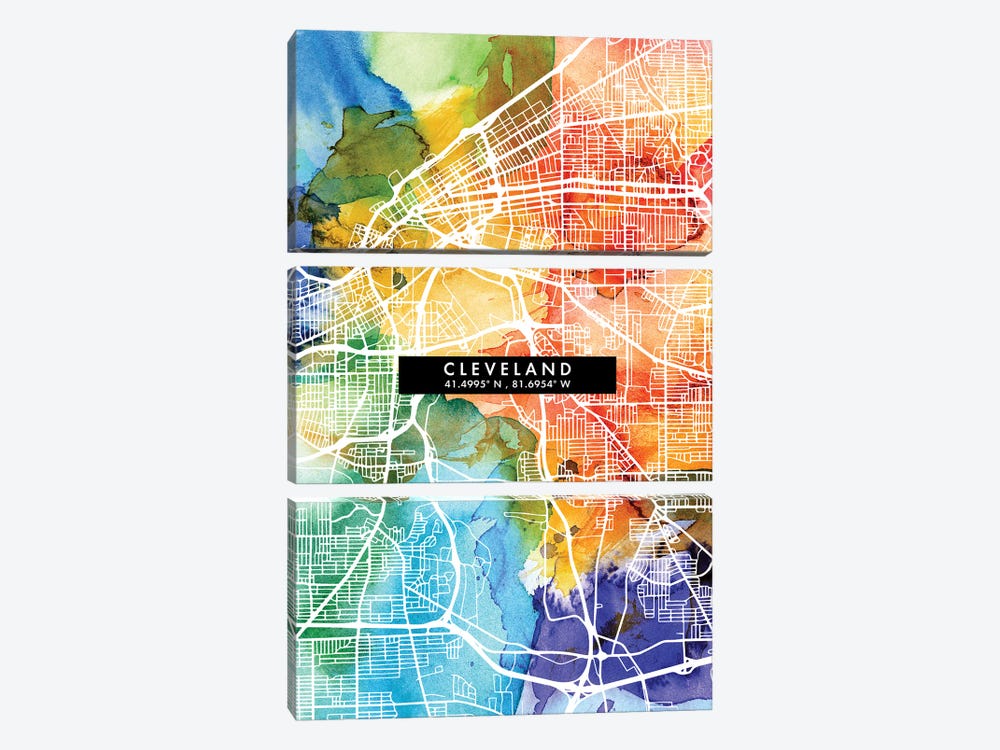Cleveland City Map Colorful Watercolor Style by WallDecorAddict 3-piece Canvas Artwork