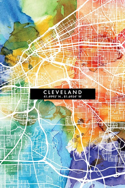 Cleveland: Cleveland City Map Colorful Watercolor Style by WallDecorAddict