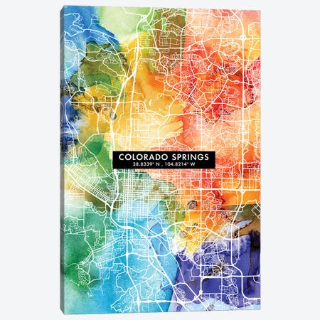 Colorado Springs City Map Colorful Watercolor Style Canvas Print #WDA1842} by WallDecorAddict Canvas Artwork